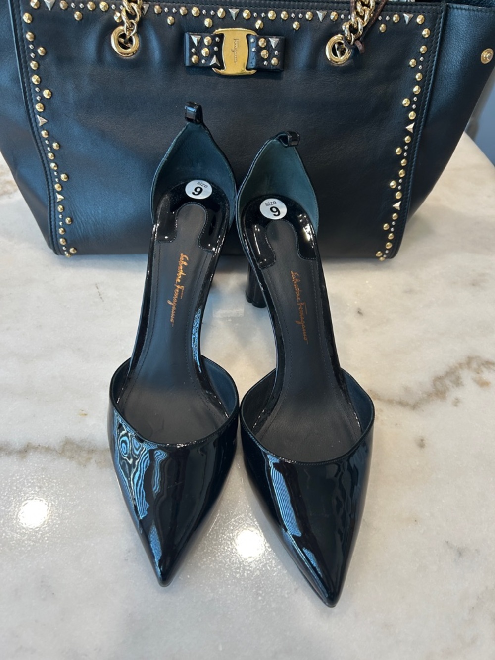 Salvatore Ferragamo Black Patent Leather Pointed D'Orsay Pumps New